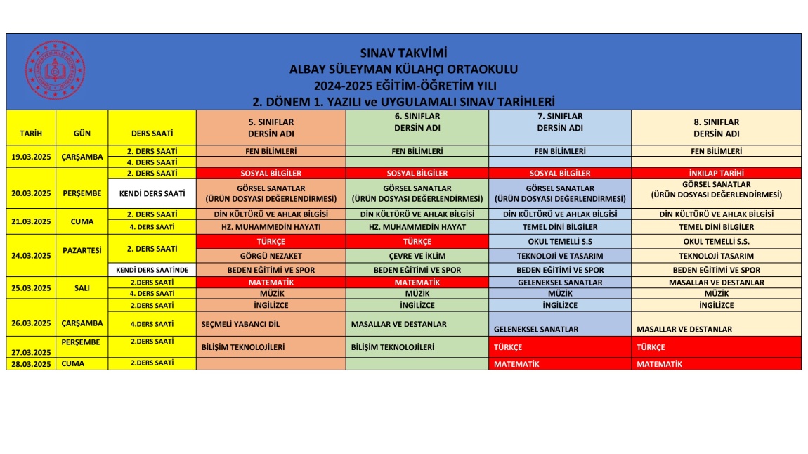 2. Dönem 1. Yazılı Sınav Tarihleri