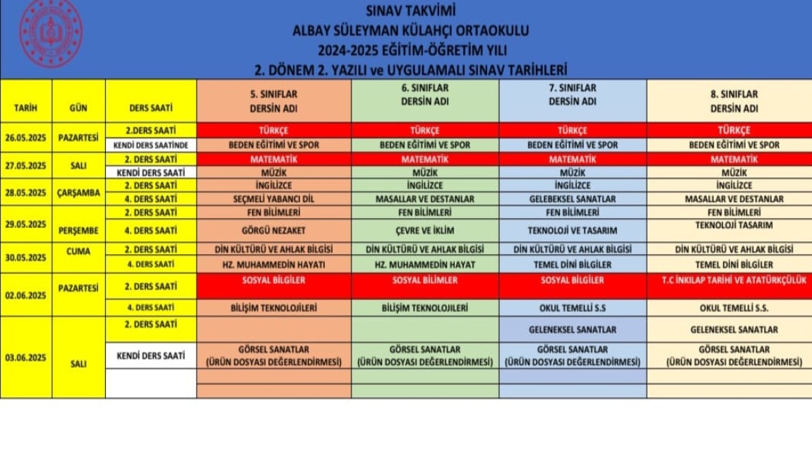 2. Dönem 2. Yazılı Sınav Tarihlerimiz